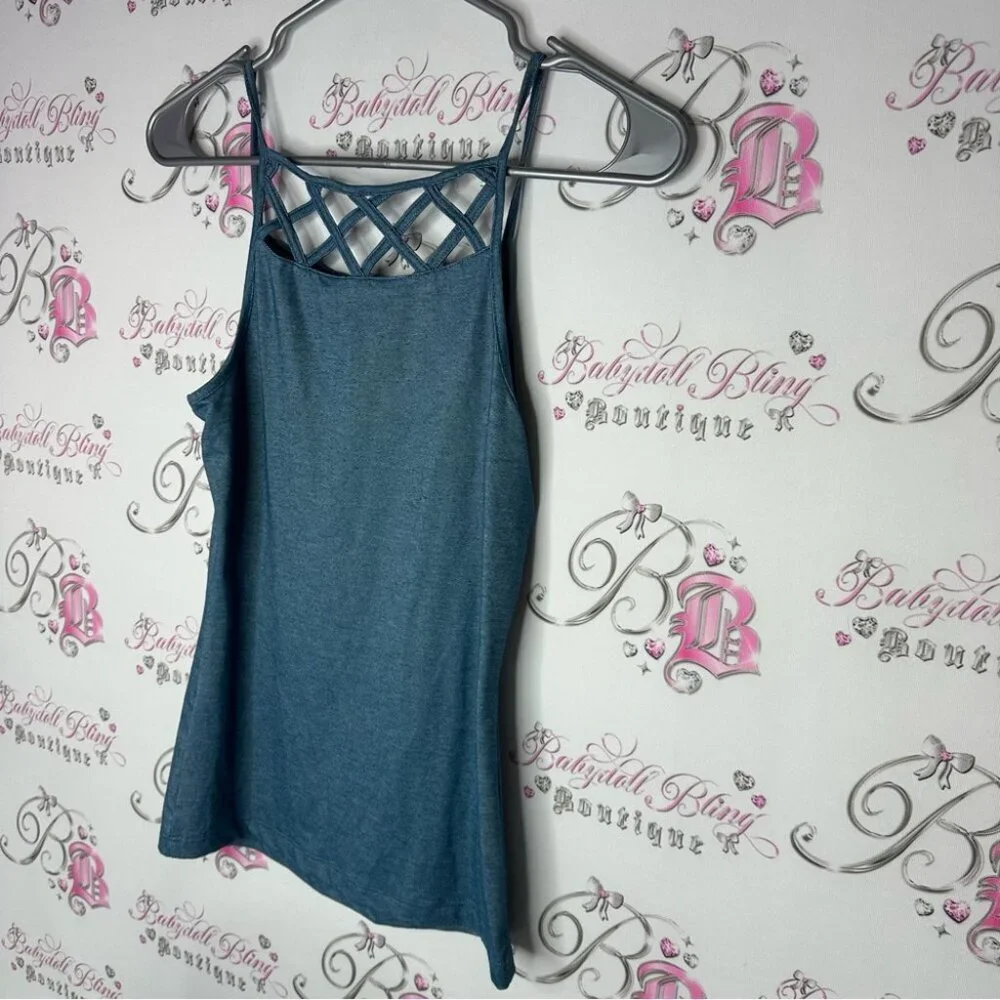Bebe Blue Strappy Women's Top criss cross denim blue jean style gold bling